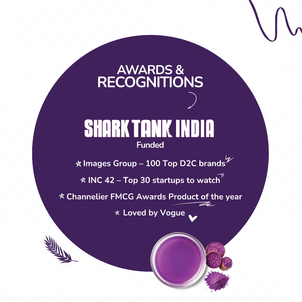 TeaFit Ube Powder awards and recognition graphic featuring a purple background with a bowl of vibrant purple yam powder