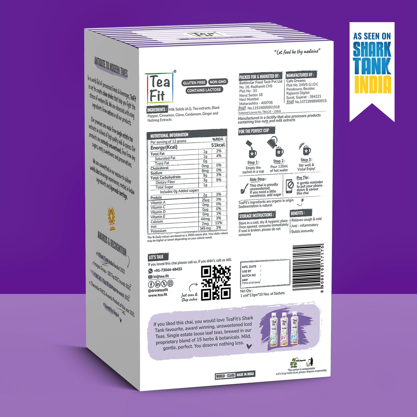 The back of a white tea box package shown on a purple gradient background, with product details, ingredients, instructions, and a Shark Tank India promotional badge.