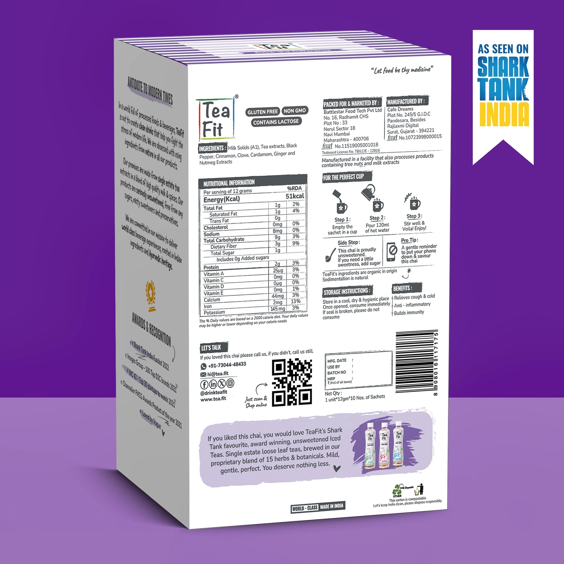 The back of a white tea box package shown on a purple gradient background, with product details, ingredients, instructions, and a Shark Tank India promotional badge.