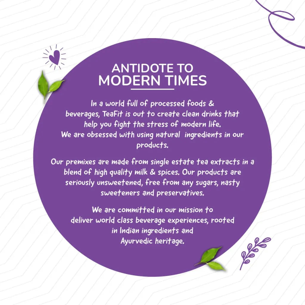 Tea Fit brand story text on a purple circular background with leaf and heart accents