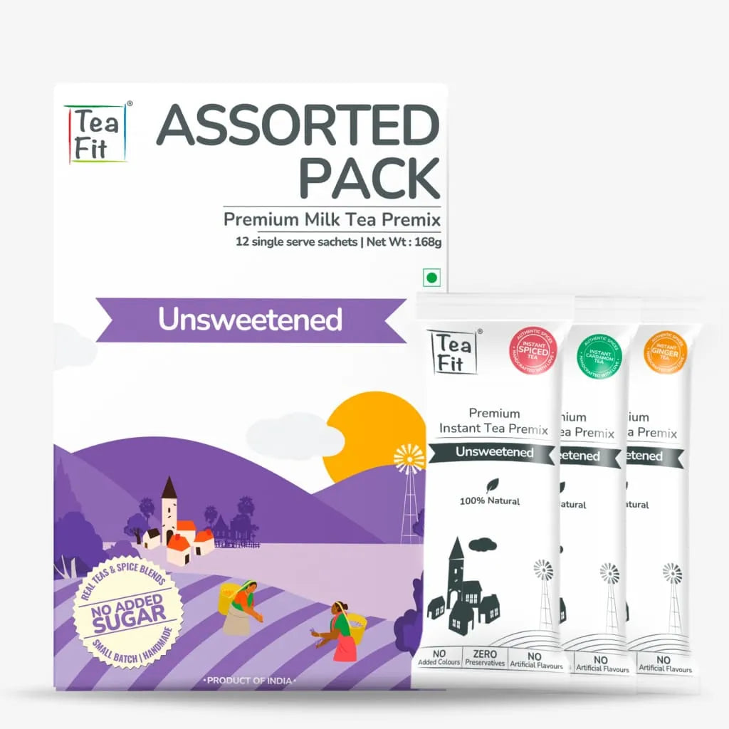 Tea Fit Assorted Pack Premium Milk Tea Premix, unsweetened, showing the main retail box and three single-serve sachets in front on a plain white background.