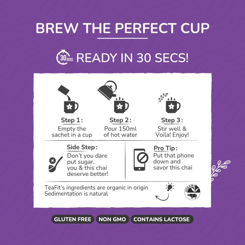Three-step brewing instructions for Tea Fit Assorted Pack: empty sachet into a cup, pour hot water, and stir, shown on a purple background
