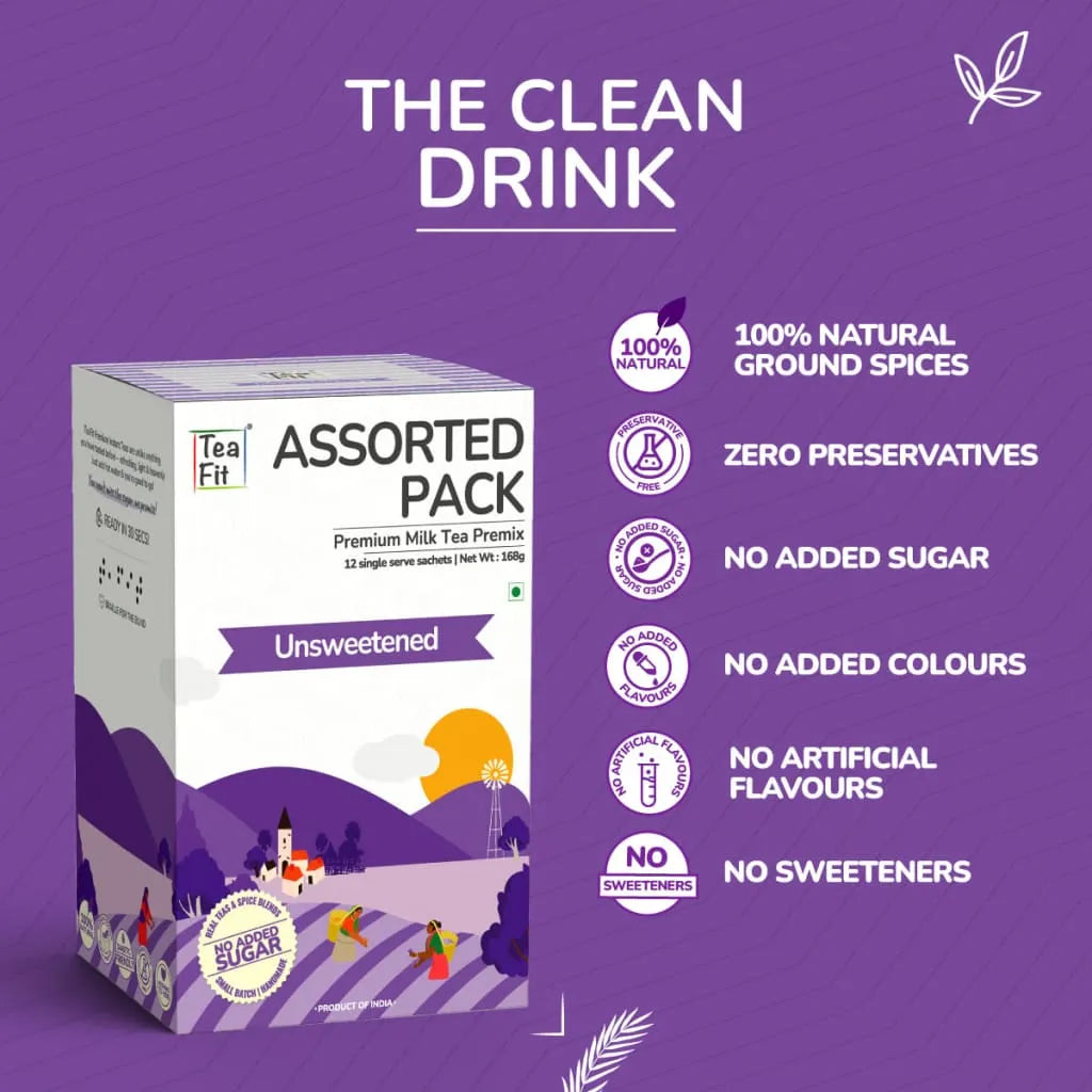 Tea Fit Assorted Pack unsweetened product box under 'THE CLEAN DRINK' heading, with icon list highlighting 100% natural ground spices, zero preservatives, no added sugar, no added colours, no artificial flavours, and no sweeteners, on a purple background