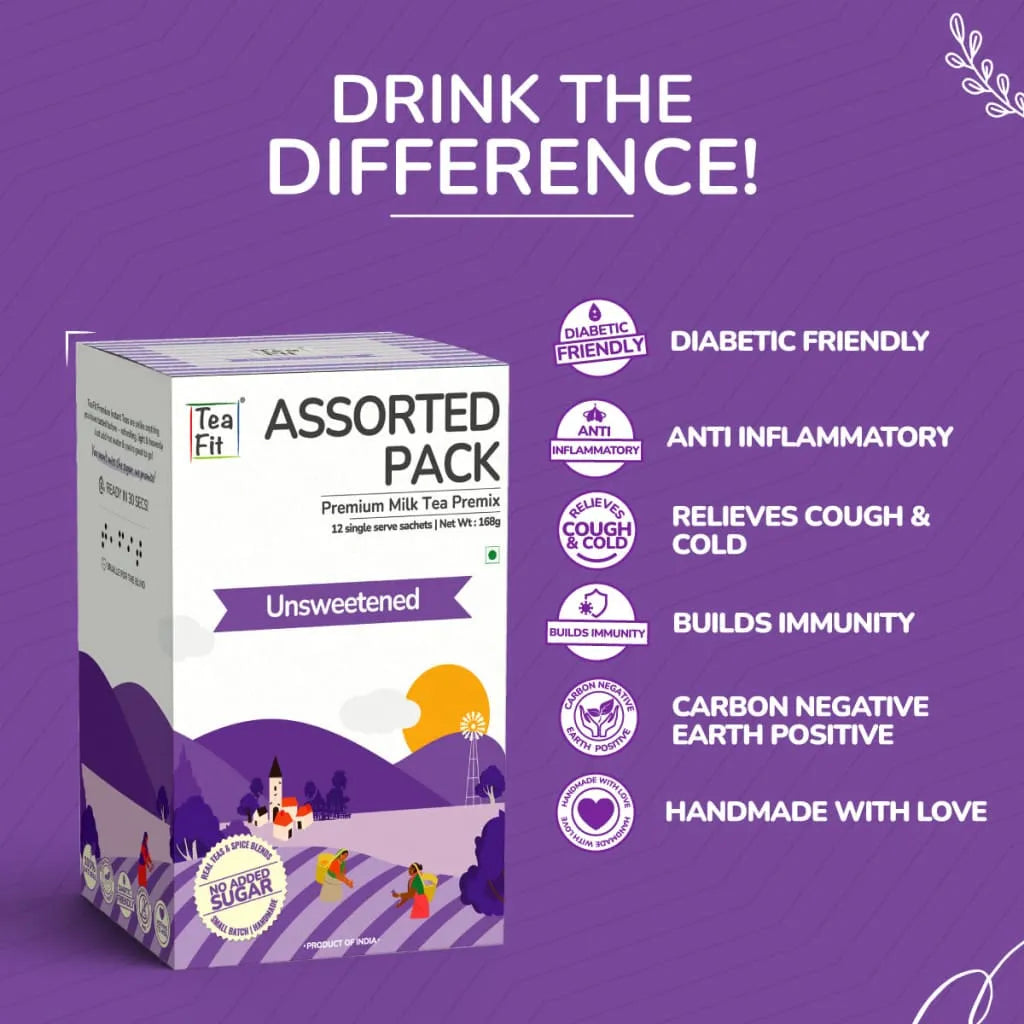 Tea Fit Assorted Pack product box under 'DRINK THE DIFFERENCE!' heading, with a benefit icon list on a purple background