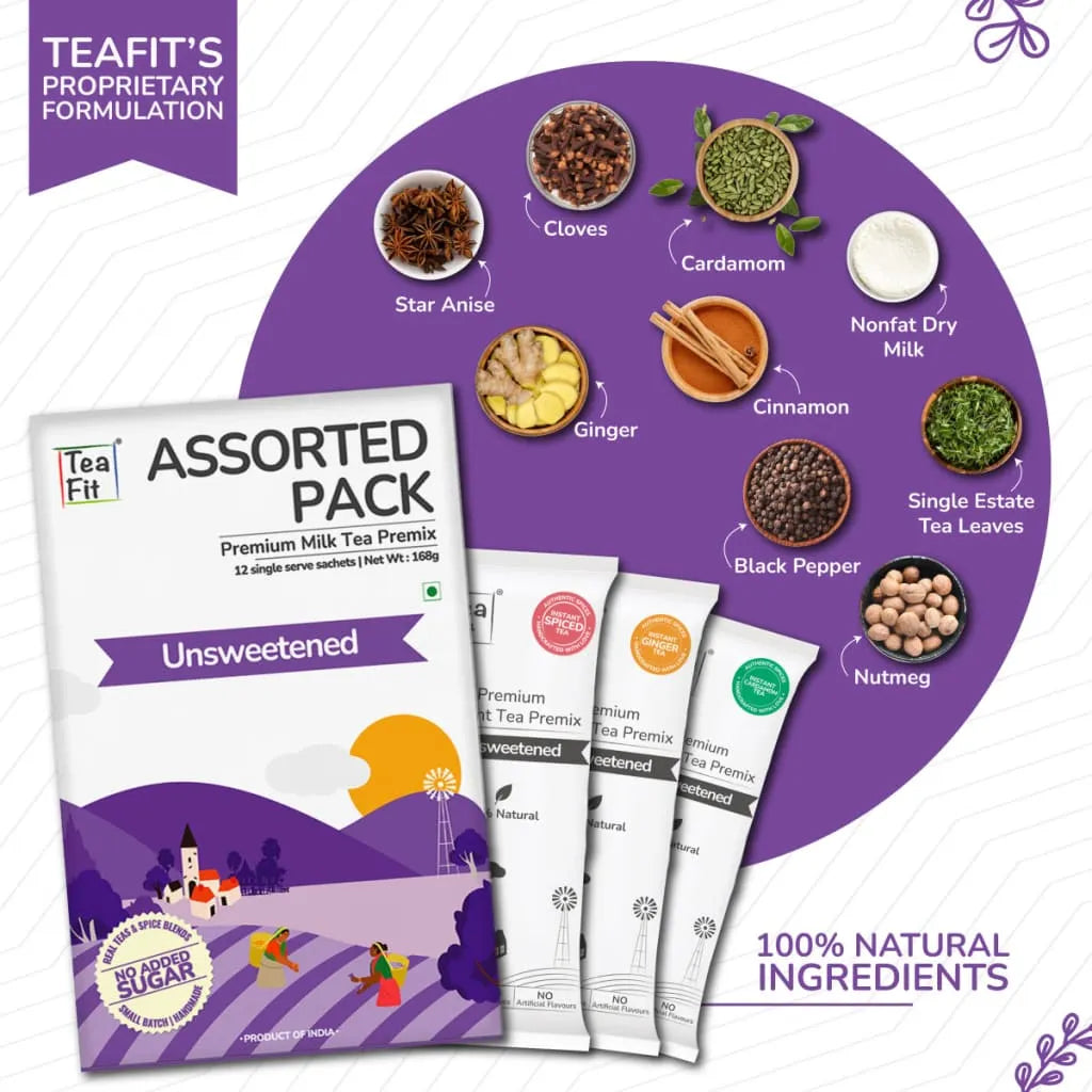 Tea Fit Assorted Pack box with three sachets beside raw ingredients including star anise, cloves, cardamom, nonfat dry milk, ginger, cinnamon, single estate tea leaves, black pepper, and nutmeg