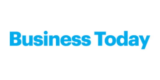 Blue business today logo with white outline and shadow effect
