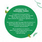 Tea Fit brand story text on a green circular background with leaf and heart accents