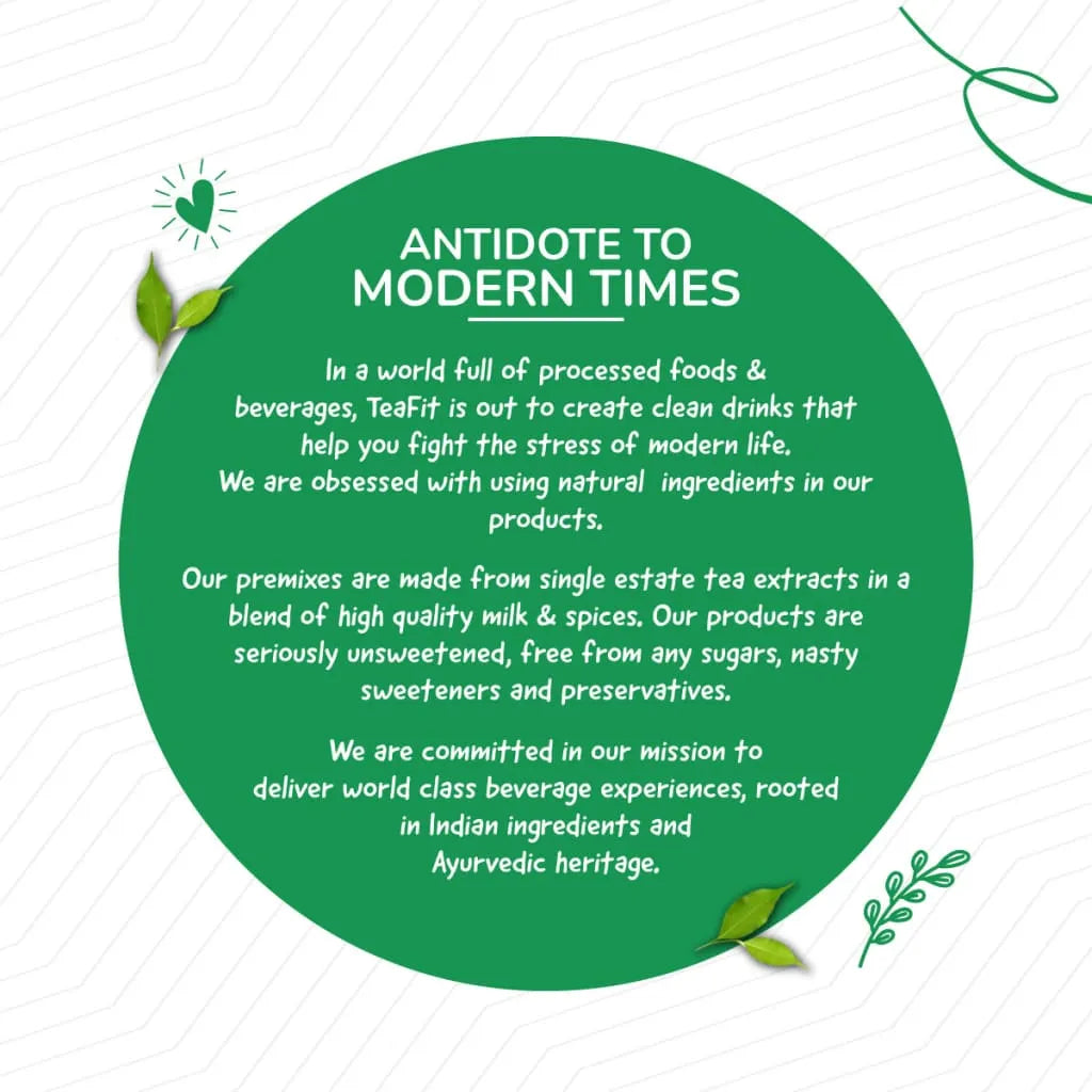 Tea Fit brand story text on a green circular background with leaf and heart accents