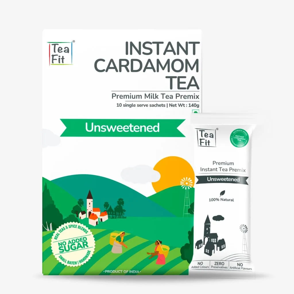 Tea Fit Instant Cardamom Tea Premix box in unsweetened milk tea flavor, shown alongside a single sachet pack on a plain white background.