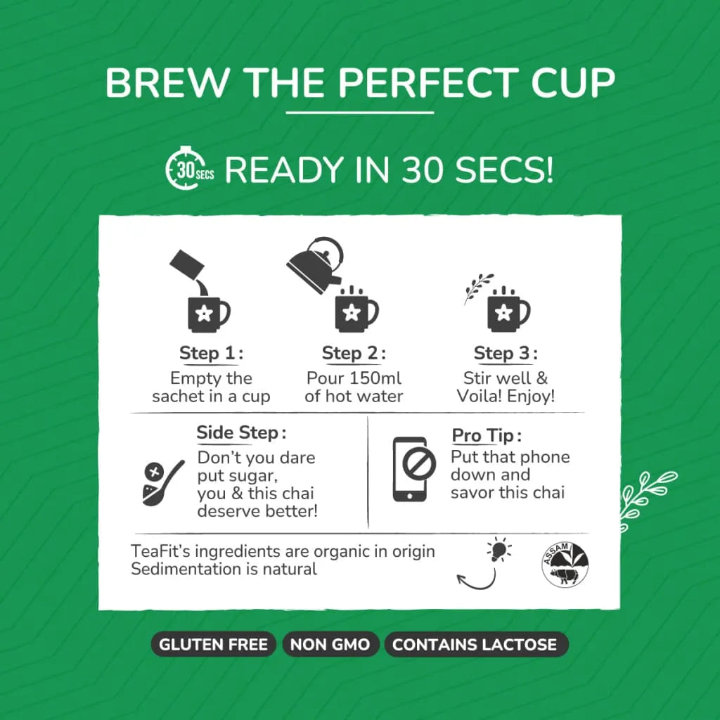 Three-step brewing instructions for Tea Fit Cardamom Tea: empty sachet into a cup, pour hot water, and stir, shown on a green background
