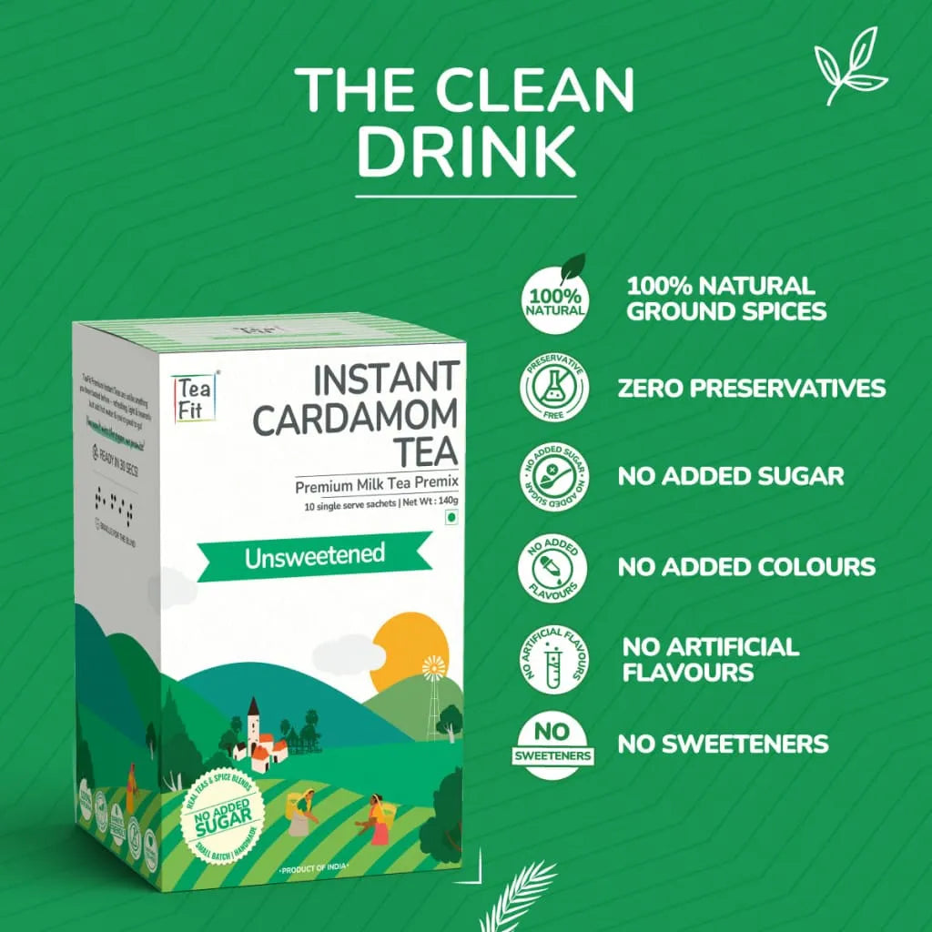 Tea Fit Instant Cardamom Tea unsweetened product box under 'THE CLEAN DRINK' heading, with icon list highlighting 100% natural ground spices, zero preservatives, no added sugar, no added colours, no artificial flavours, and no sweeteners, on a green background
