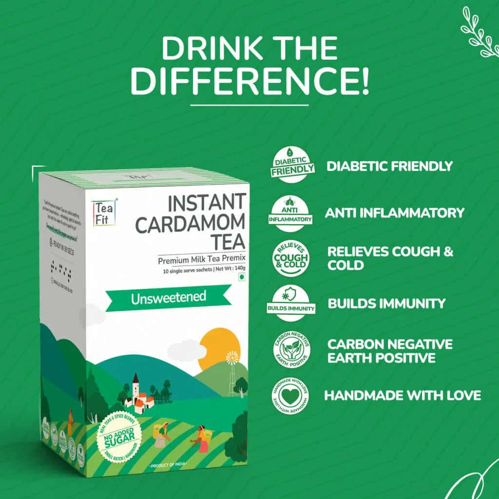 Tea Fit Instant Cardamom Tea product box under 'DRINK THE DIFFERENCE!' heading, with a benefit icon list on a green background

