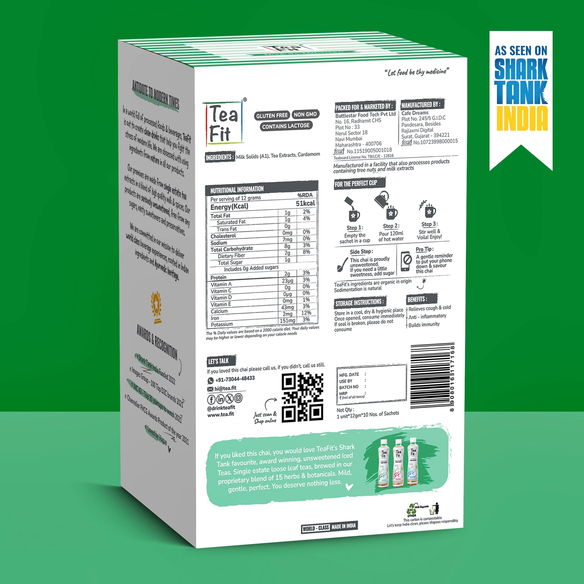 The back of a white and green Tea Fit tea box, showing product details, ingredients, instructions, and a barcode, set against a solid green background with a Shark Tank India promotional badge on the top right.