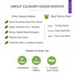 ABOUT CULINARY GRADE MATCHA' heading listing why-culinary points and best-time-to-drink times, with a Matcha vs Green Tea stats comparison below