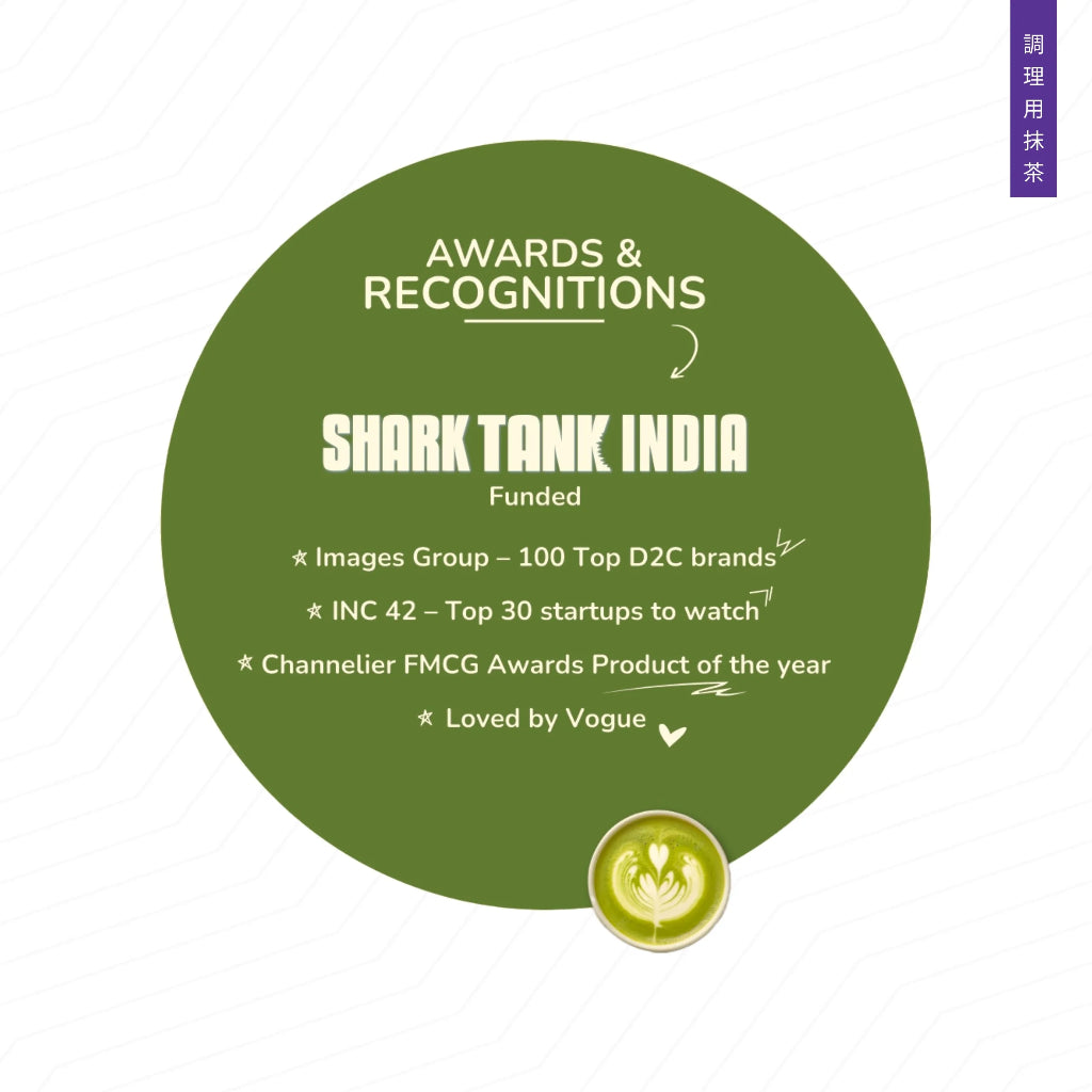Tea Fit awards and recognition list including Shark Tank India, Images Group, INC 42, and Vogue, on a green circular background