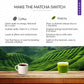 MAKE THE MATCHA SWITCH' heading comparing coffee and matcha side by side, with a coffee cup and a glass of matcha over a tea plantation background