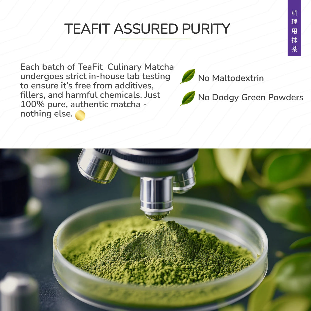 Tea Fit Culinary Matcha purity statement text with a lab microscope testing a bowl of matcha powder