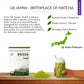 UJI, JAPAN - BIRTHPLACE OF MATCHA' heading with origin story text, a map of Japan marking Uji Kyoto Prefecture, product box, a mound of matcha powder, and a glass of iced matcha latte