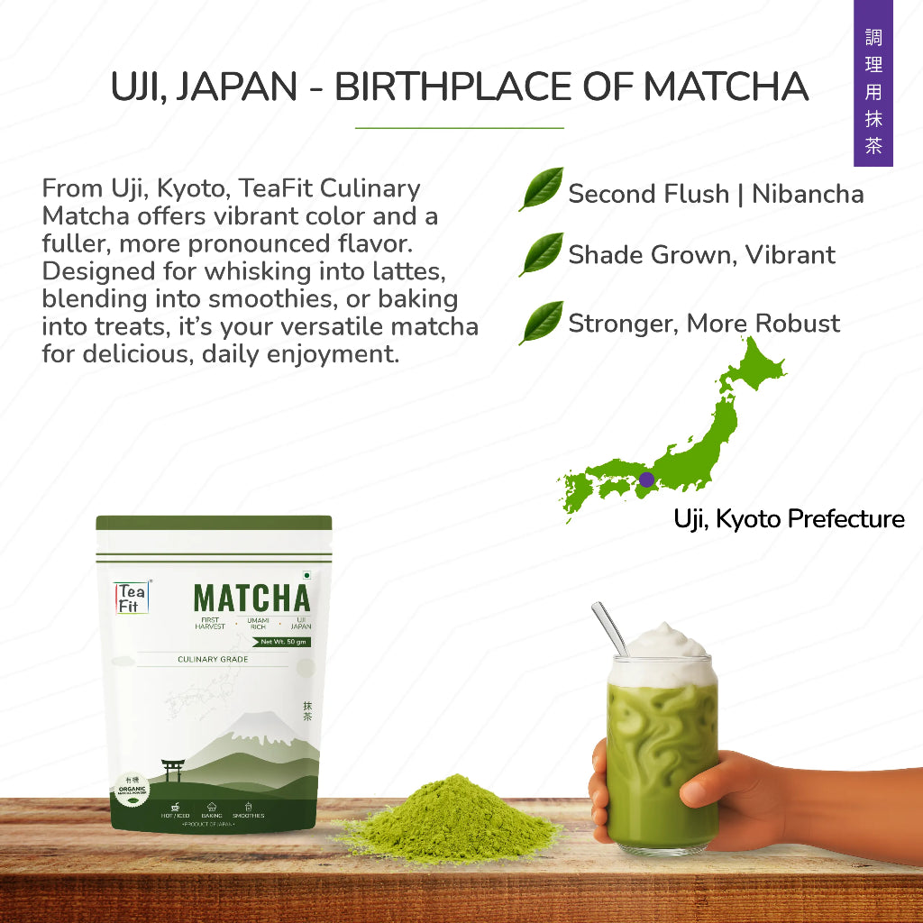 UJI, JAPAN - BIRTHPLACE OF MATCHA' heading with origin story text, a map of Japan marking Uji Kyoto Prefecture, product box, a mound of matcha powder, and a glass of iced matcha latte