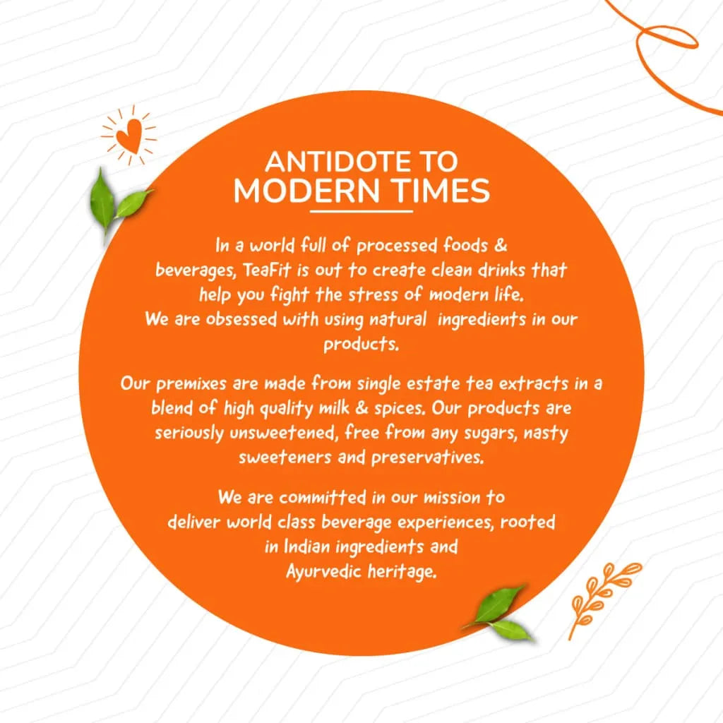 Tea Fit brand story text on an orange circular background with leaf and heart accents