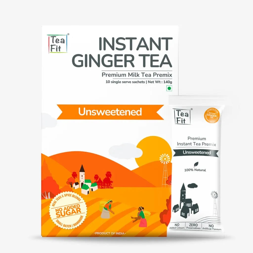 Tea Fit Instant Ginger Tea Premium Milk Tea Premix in an orange and white box, shown alongside a single sachet pack on a light gray background.