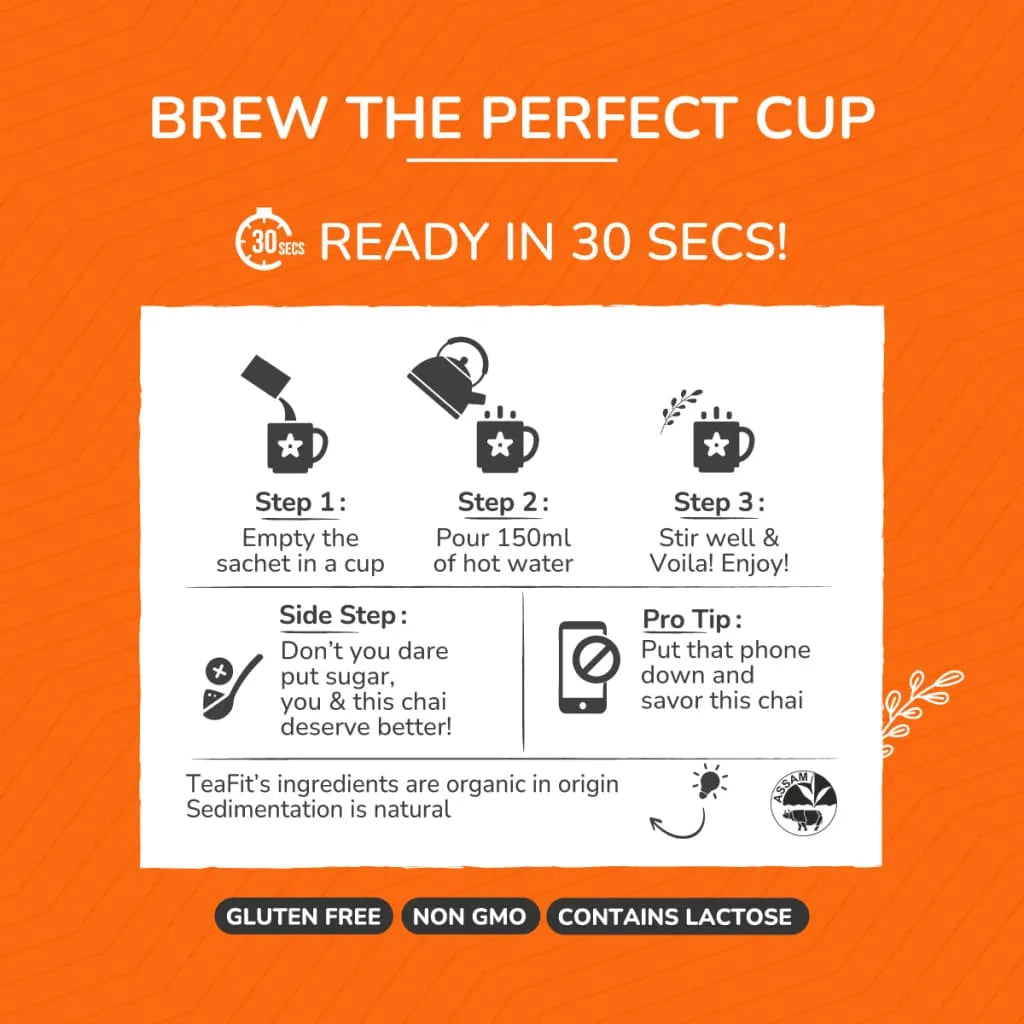 Three-step brewing instructions for Tea Fit Ginger Tea: empty sachet into a cup, pour hot water, and stir, shown on an orange background
