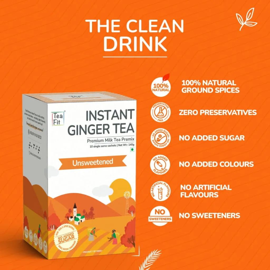 Tea Fit Instant Ginger Tea unsweetened product box under 'THE CLEAN DRINK' heading, with icon list highlighting 100% natural ground spices, zero preservatives, no added sugar, no added colours, no artificial flavours, and no sweeteners, on an orange background
