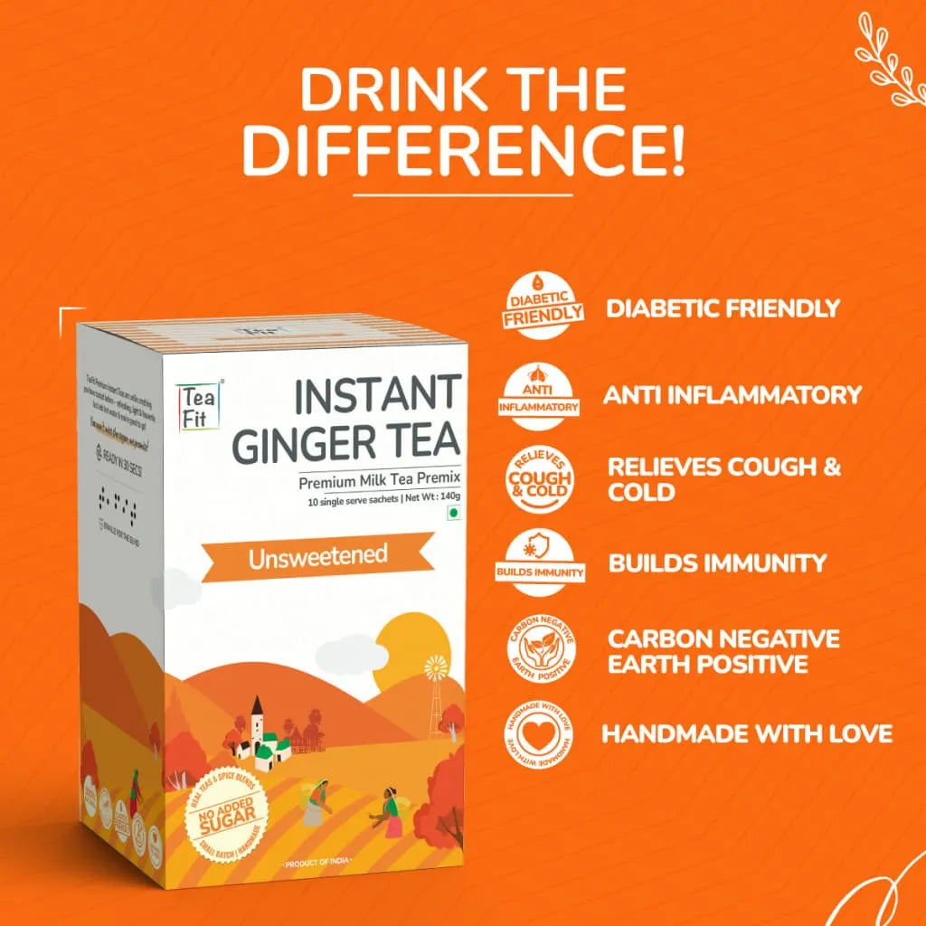 Tea Fit Instant Ginger Tea product box under 'DRINK THE DIFFERENCE!' heading, with a benefit icon list on an orange background
