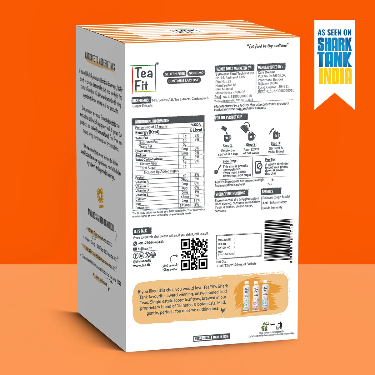 The back of a tea box package shown on a solid orange background, with a blue and yellow 'As seen on Shark Tank India' badge in the top right corner. The box is white with black text and a small orange logo at the top.