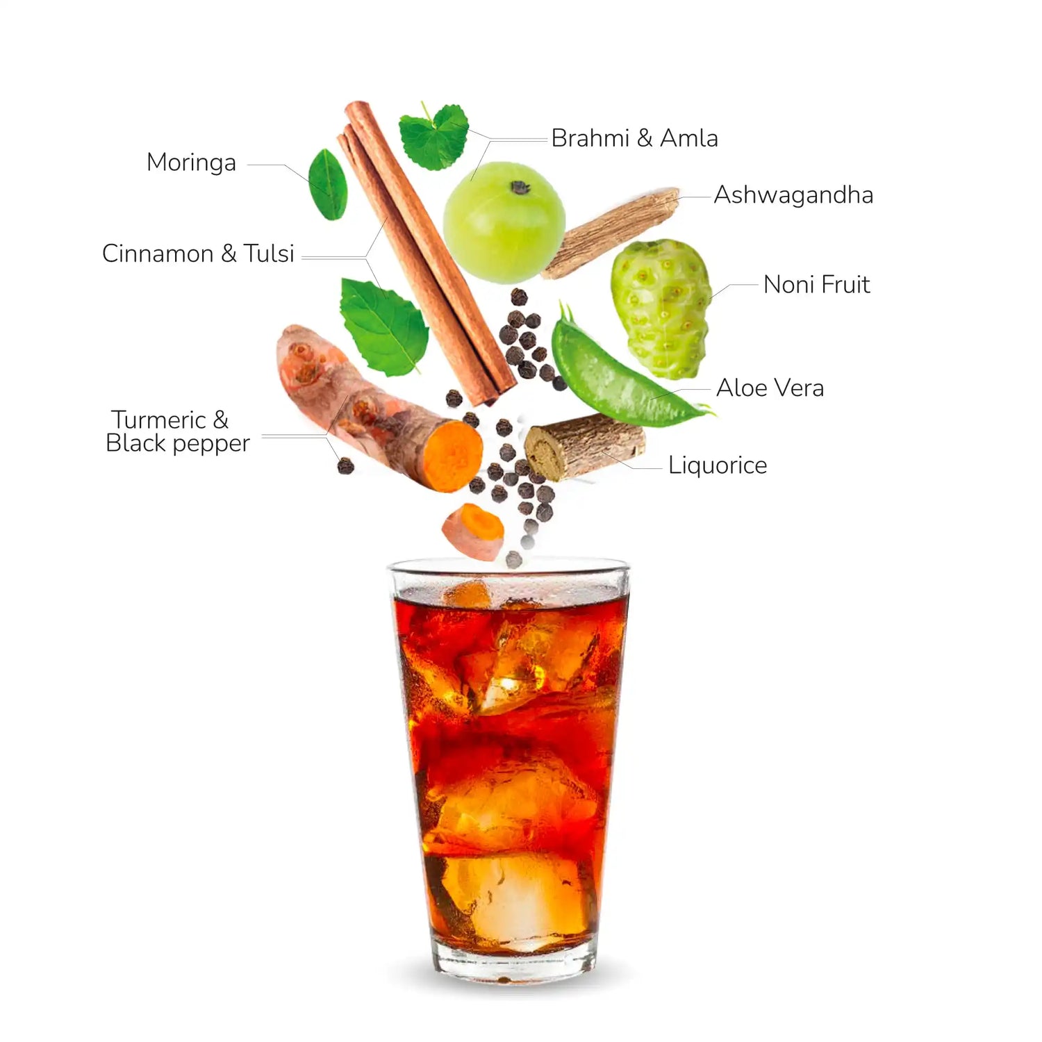 Herbal ingredients falling into a glass of iced tea.