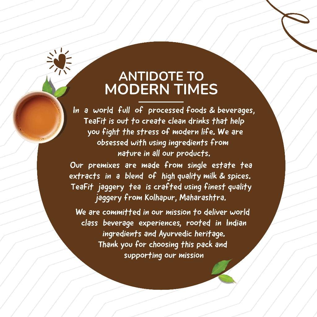 Tea Fit brand story text on a brown circular background with a cup of chai