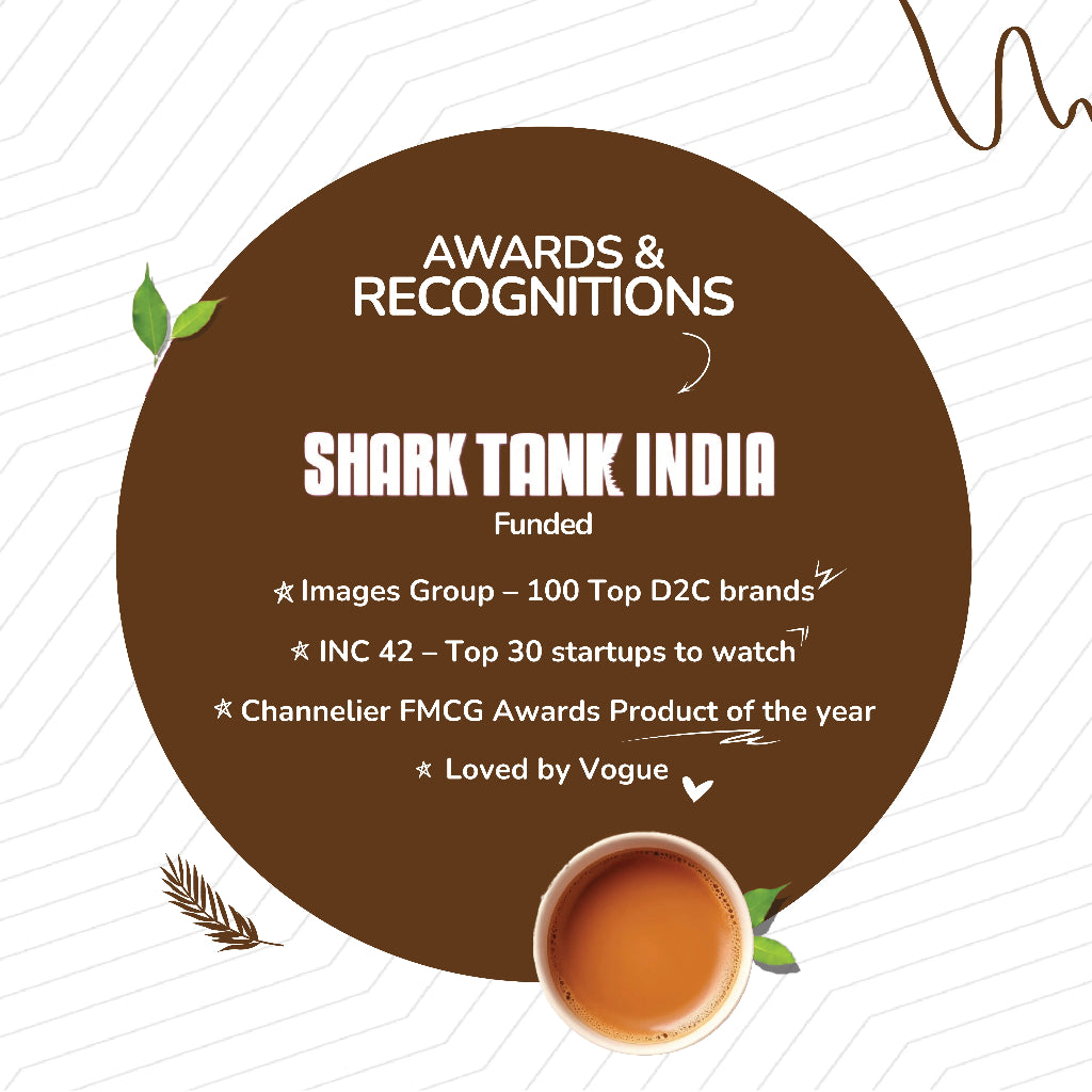 Tea Fit awards and recognition list including Shark Tank India, Images Group Top 100 D2C brands, INC 42, Channelier FMCG Award, and Loved by Vogue