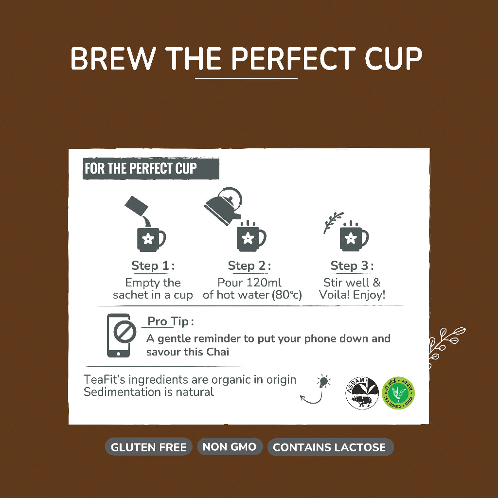Three-step brewing instructions for Tea Fit Jaggery Tea: empty sachet into a cup, pour hot water, and stir, shown on a brown background