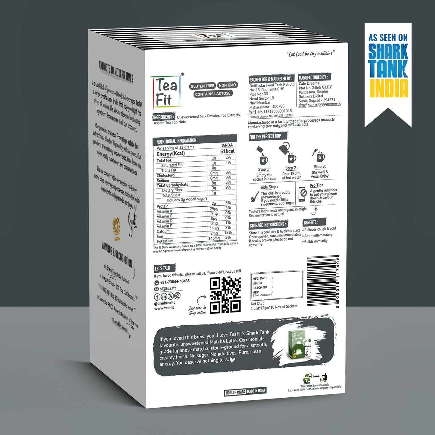 The back of  Tea Fit karak tea box, showing detailed product information, nutrition facts, usage instructions, and a barcode, photographed against a dark gray background with a blue and yellow 'As seen on Shark Tank India' badge in the top right.