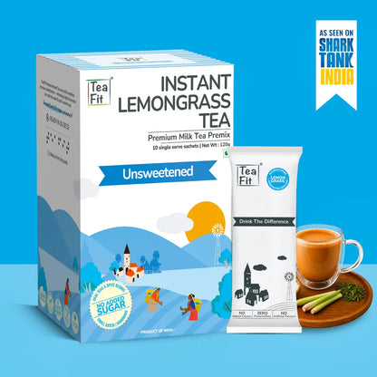 Tea Fit Instant Lemongrass Tea Premix in a white and blue box, shown alongside a single sachet, a cup of tea, and lemongrass sticks on a blue background with an 'As seen on Shark Tank India' badge.