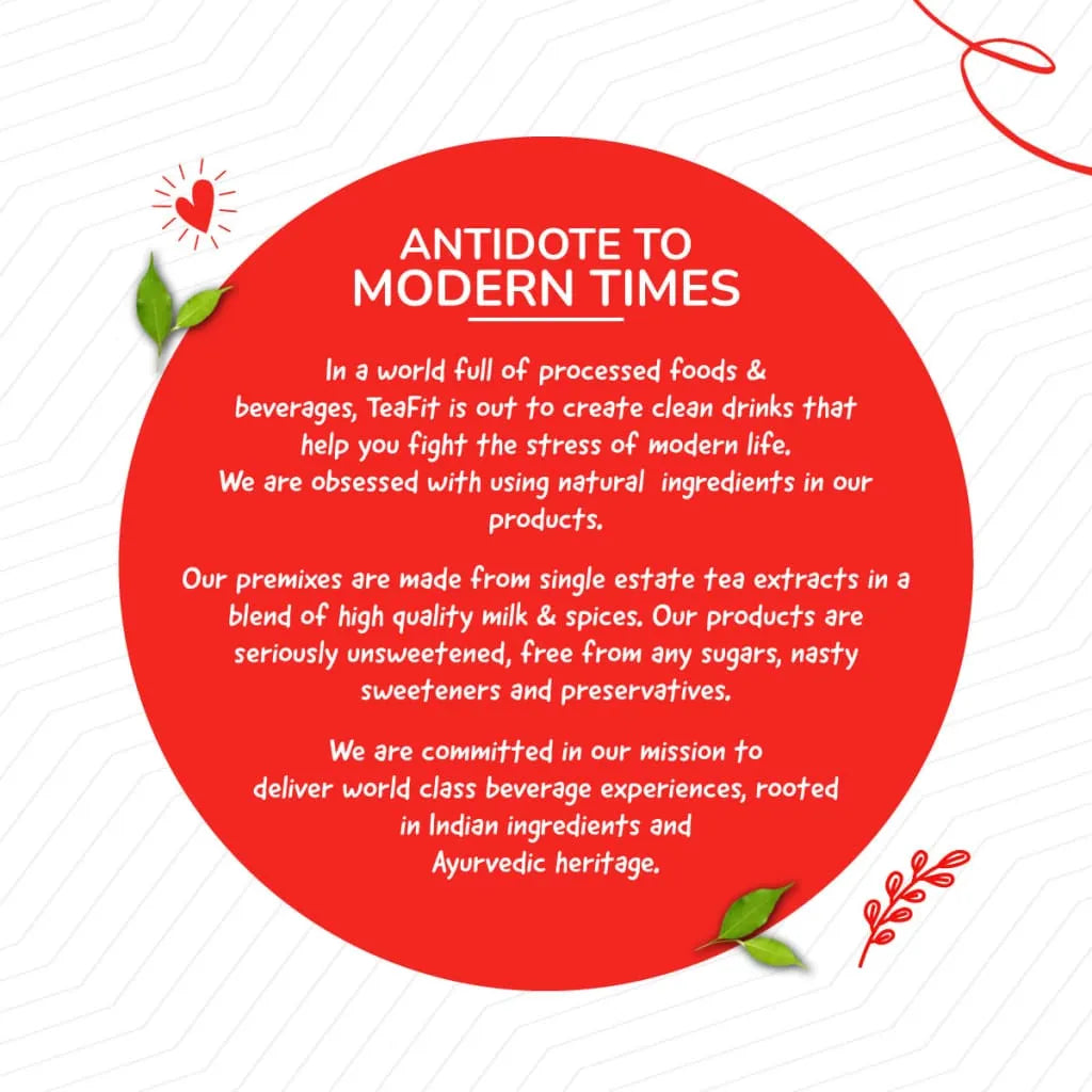 Tea Fit brand story text on a red circular background with a cup of chai