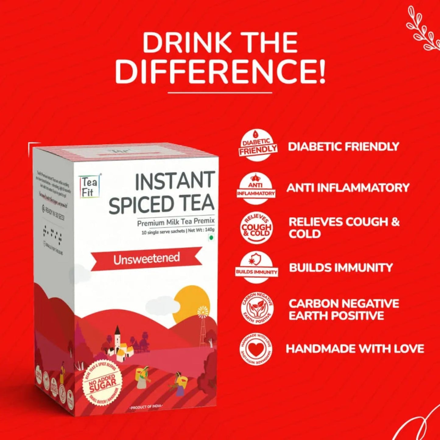 Tea Fit Instant Spiced Tea product box under 'DRINK THE DIFFERENCE!' heading, with a benefit icon list on a red background
