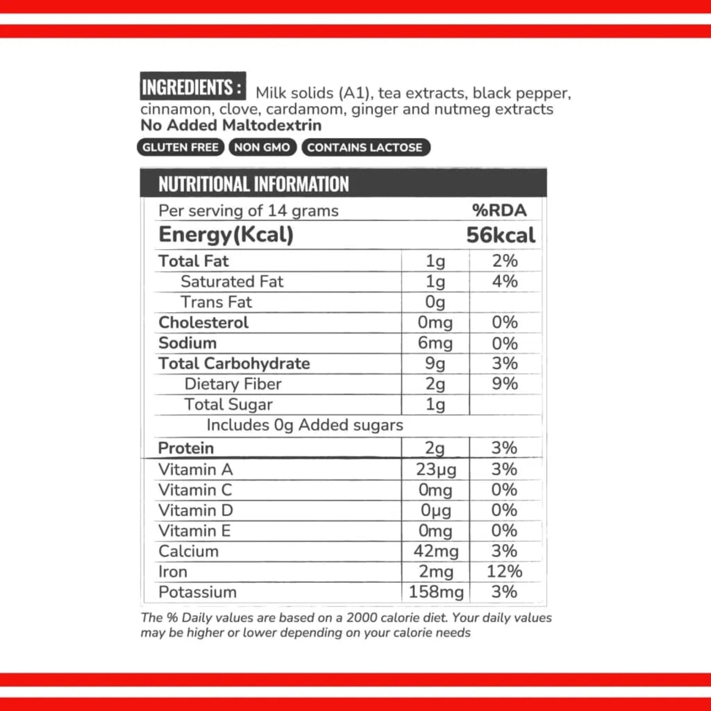 A Nutrition Facts label for a product, showing ingredients, nutritional information, and daily value percentages on a white background with a red header.