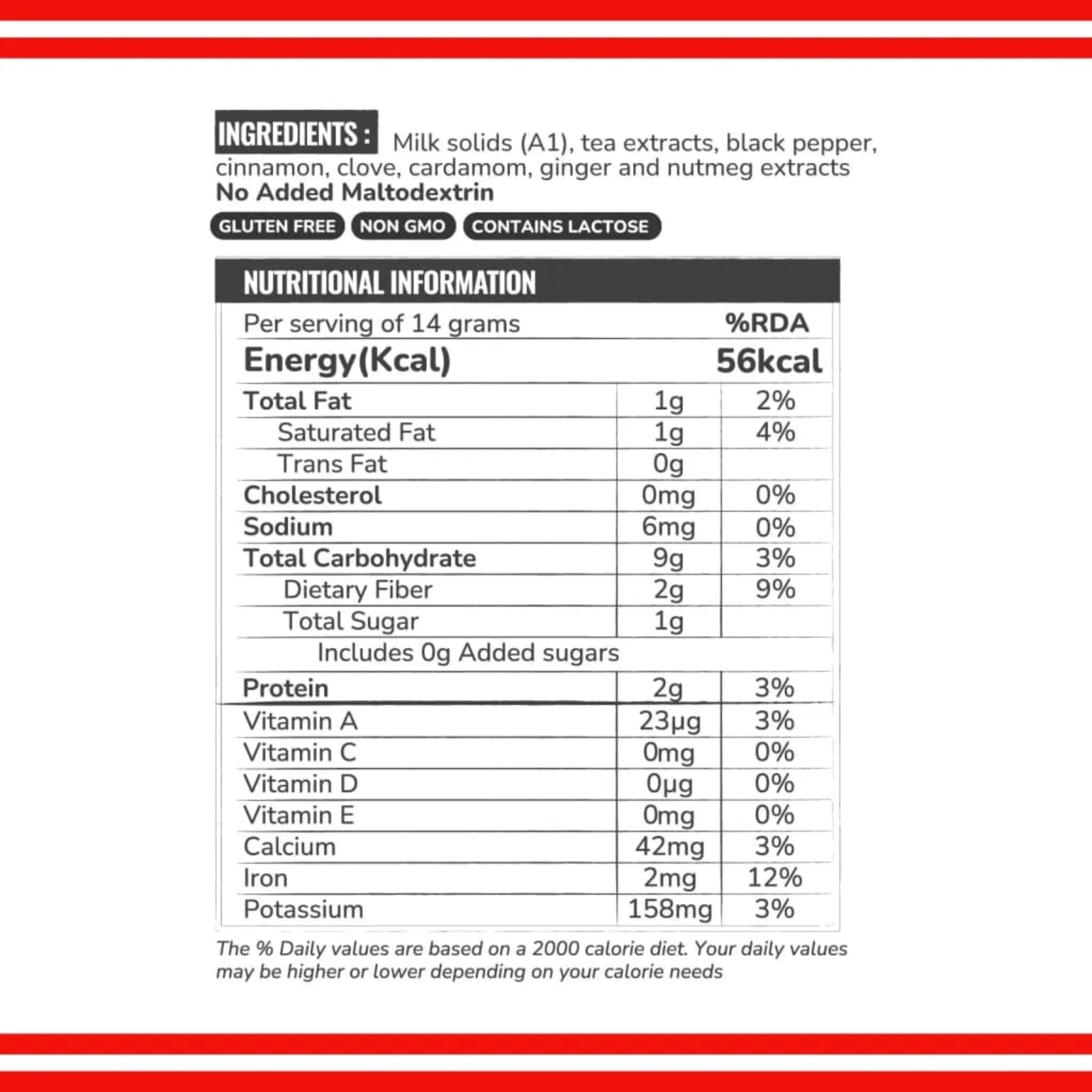 A Nutrition Facts label for a product, showing ingredients, nutritional information, and daily value percentages on a white background with a red header.
