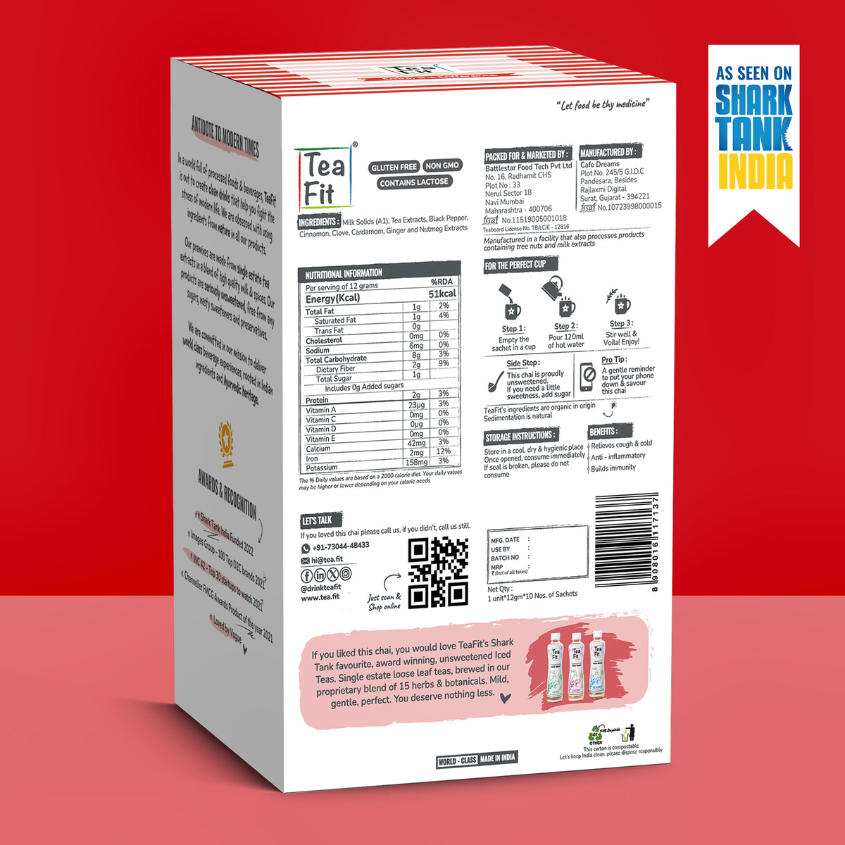 The back of a tea blend box from Tea Fit, showing nutritional information, ingredients, and usage directions, set against a red background with a Shark Tank India promotional badge.