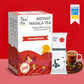 Tea Fit Instant Masala Tea Premix box and single serve sachet shown on a red studio background, with a cup of prepared tea and a Shark Tank India badge.