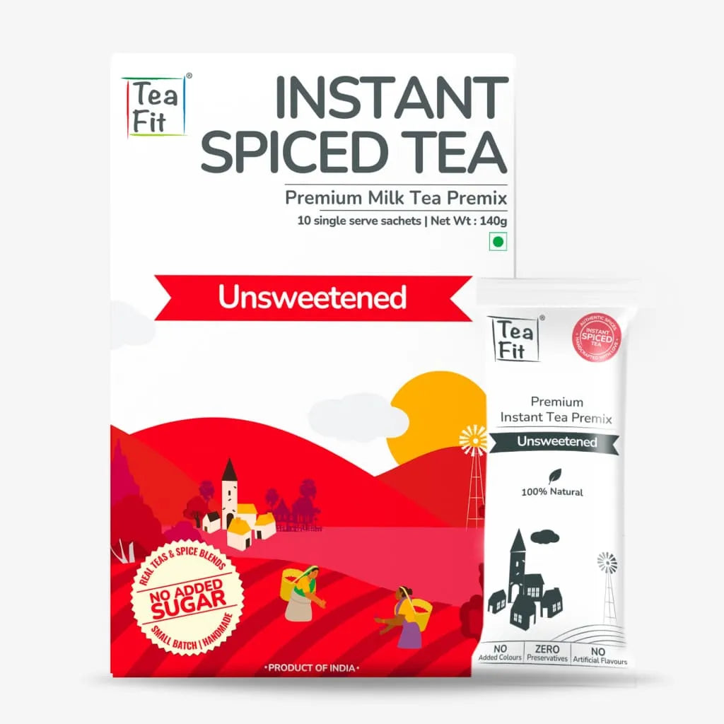 Tea Fit Instant Spiced Tea Premium unsweetened Milk Tea Premix box pack, shown alongside a single sachet packet on a light gray background.