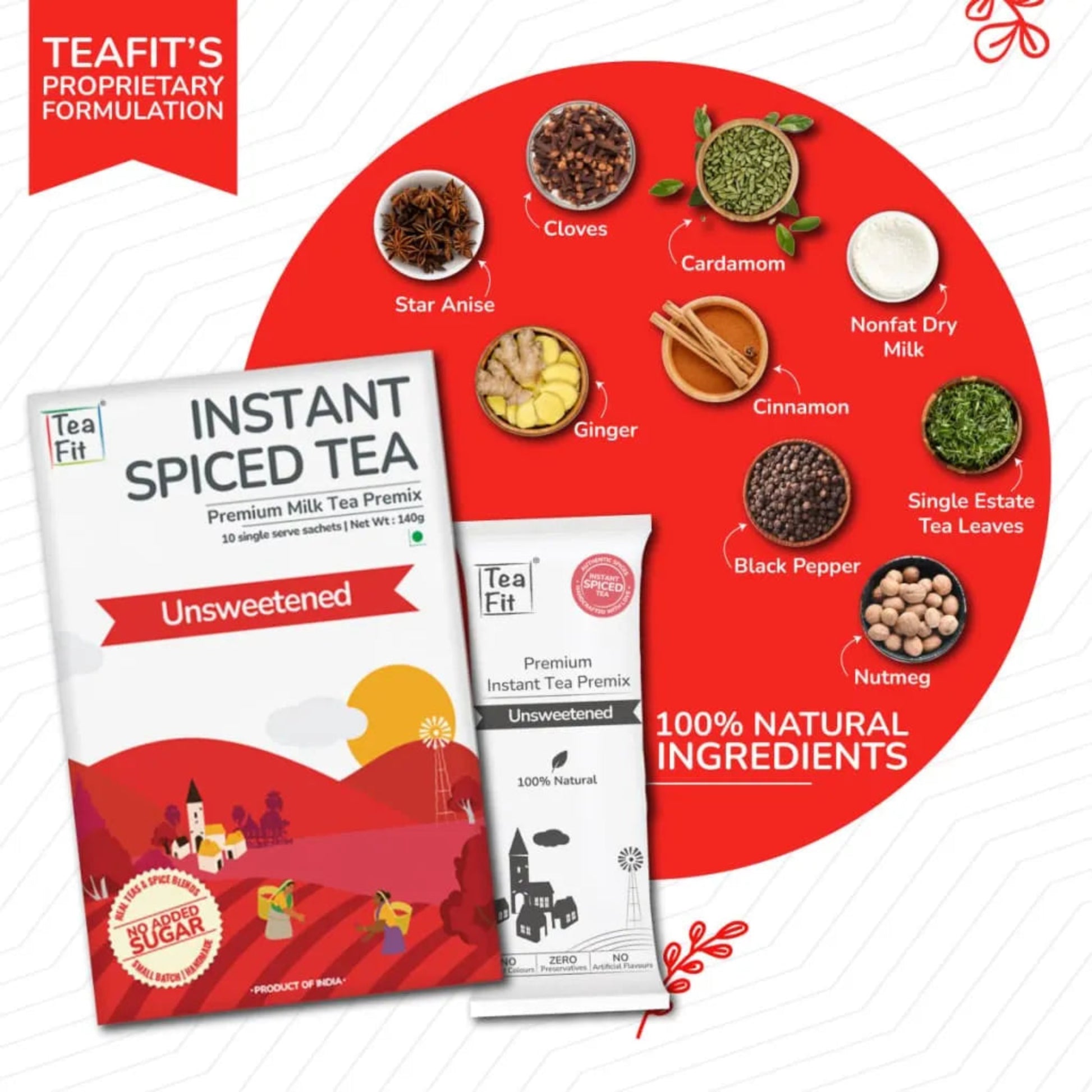 Tea Fit Instant Spiced Tea Premix packaging shown alongside ingredient callouts on a red circular graphic, including cloves, cardamom, nonfat dry milk, ginger, cinnamon, black pepper, single estate tea leaves, and nutmeg. The package is labeled unsweetened and premium instant tea premix.