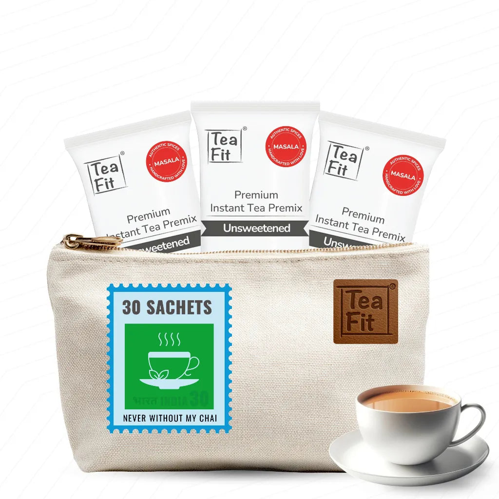 Tea Fit canvas travel pouch holding 30 sachets with a cup of chai beside it
