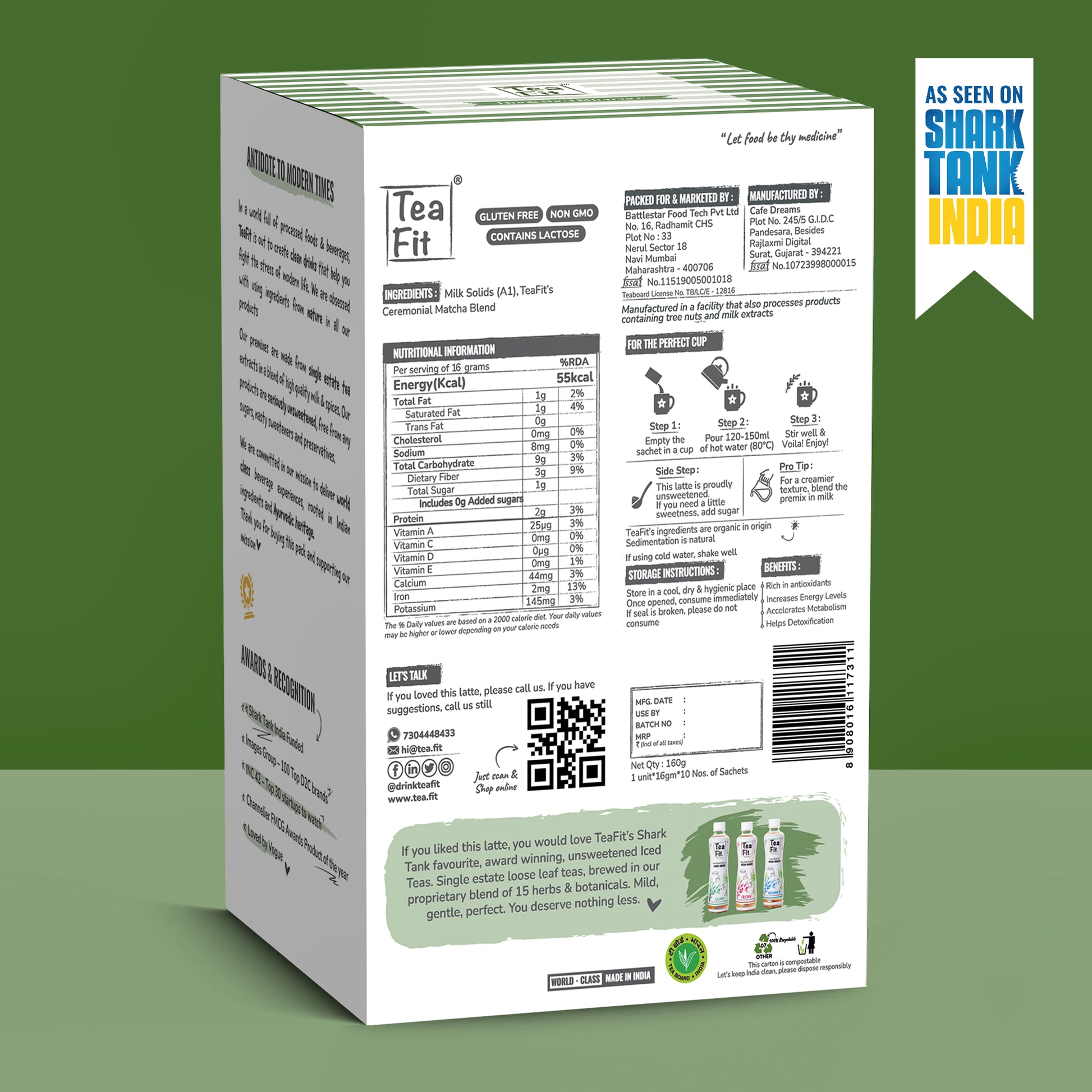 The back of a white Tea Fit matcha latte Blend tea box, showing detailed product information, ingredients, instructions, and a green flavor banner, set against a solid green background with a blue 'As seen on Shark Tank India' badge.