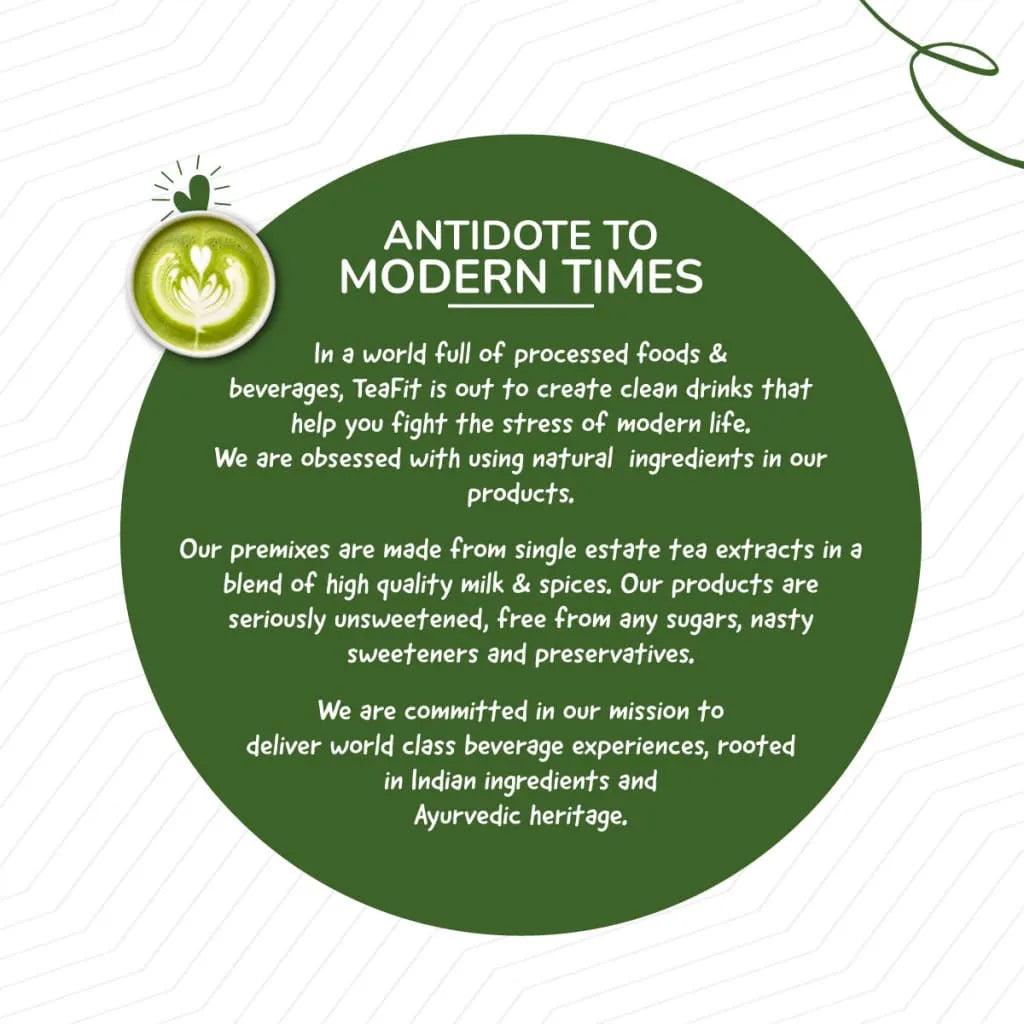 Tea Fit brand story text on a green circular background with a matcha latte cup