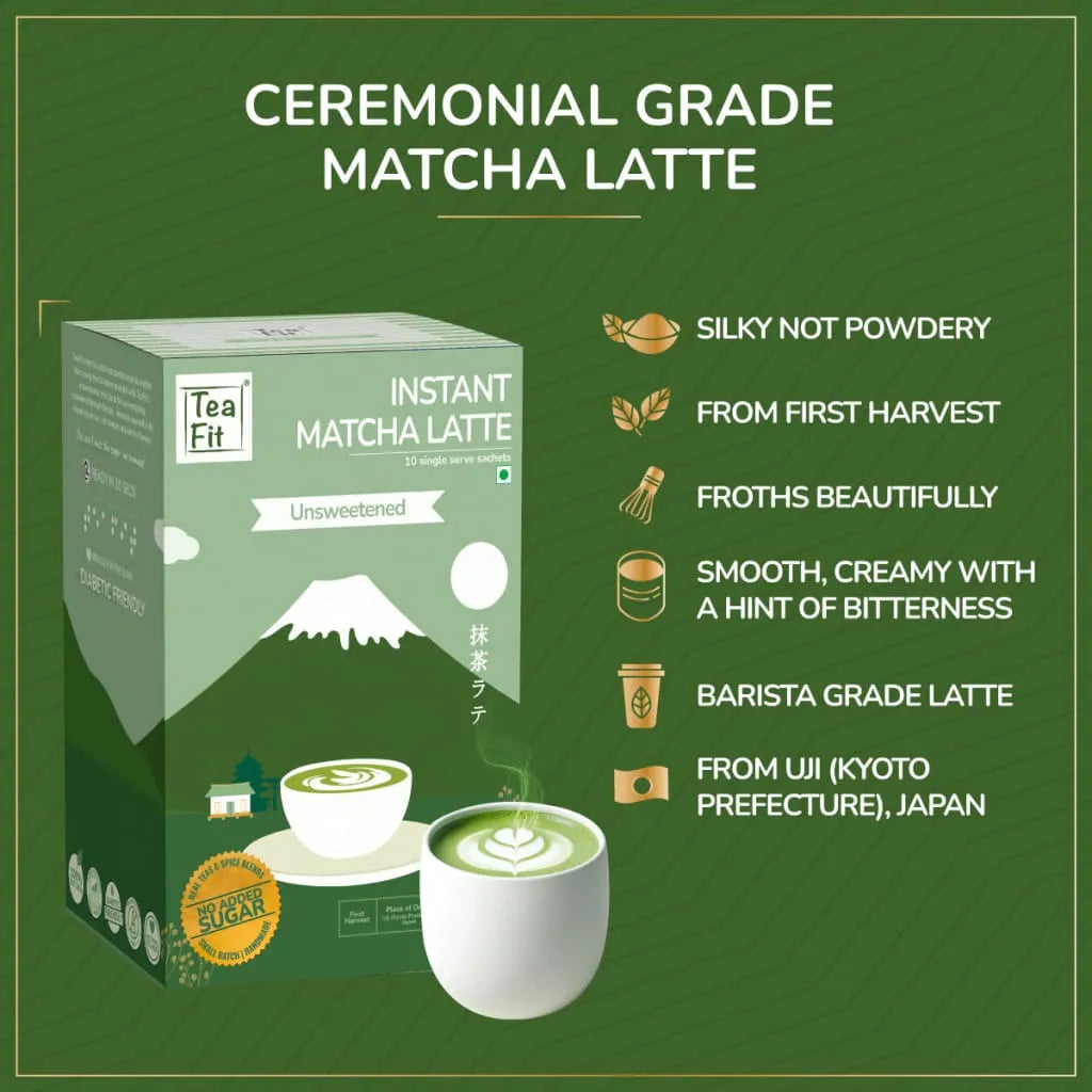 Tea Fit Ceremonial Grade Matcha Latte product box under 'CEREMONIAL GRADE MATCHA LATTE' heading, with icon list highlighting silky not powdery texture, first harvest matcha, froths beautifully, smooth creamy taste with a hint of bitterness, barista grade latte, and sourced from Uji Kyoto Prefecture Japan, on a green background