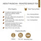 'ABOUT MUGICHA - ROASTED BARLEY TEA' heading listing why-Mugicha points and best-time-to-drink times, with a Mugicha Benefits stat icon list below