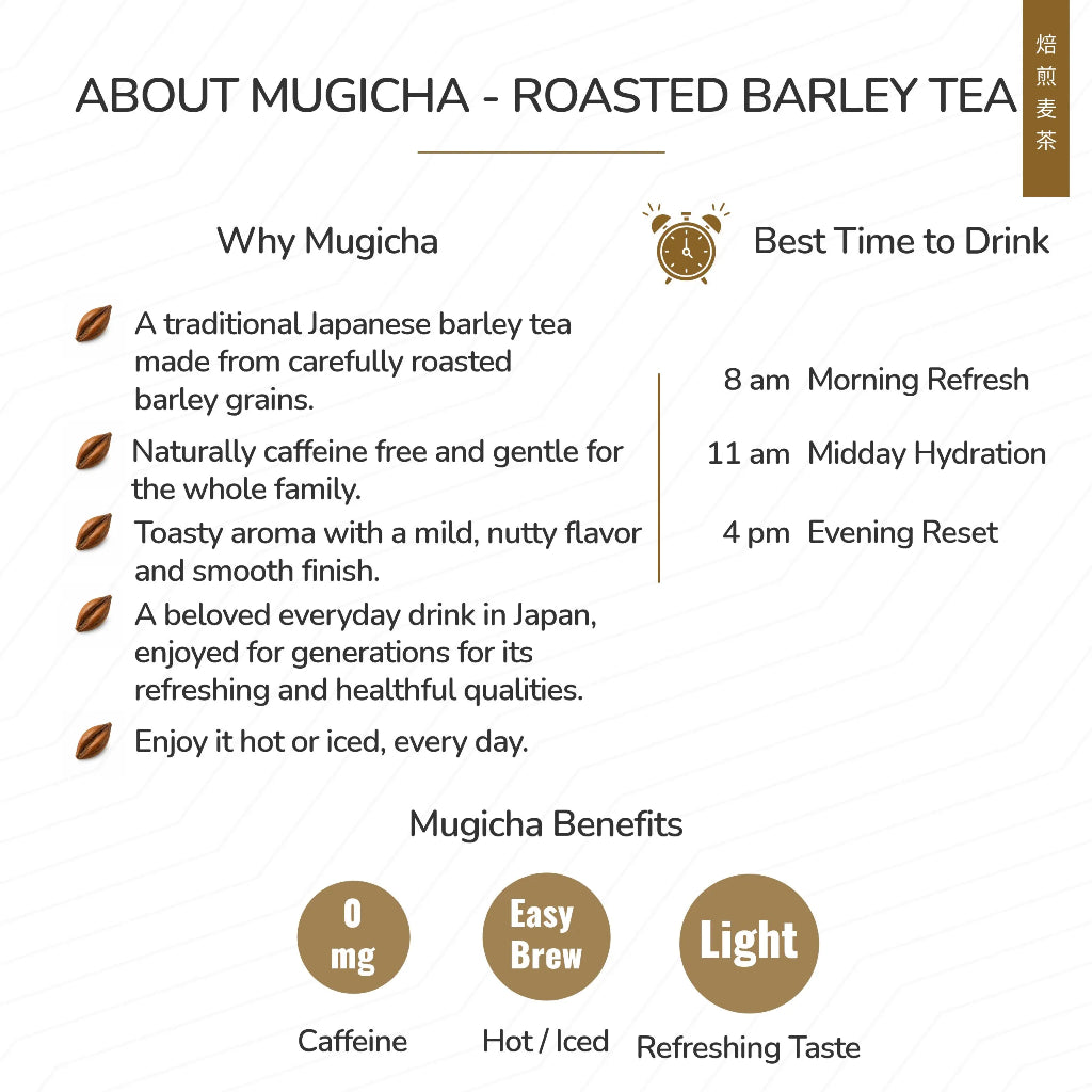 'ABOUT MUGICHA - ROASTED BARLEY TEA' heading listing why-Mugicha points and best-time-to-drink times, with a Mugicha Benefits stat icon list below