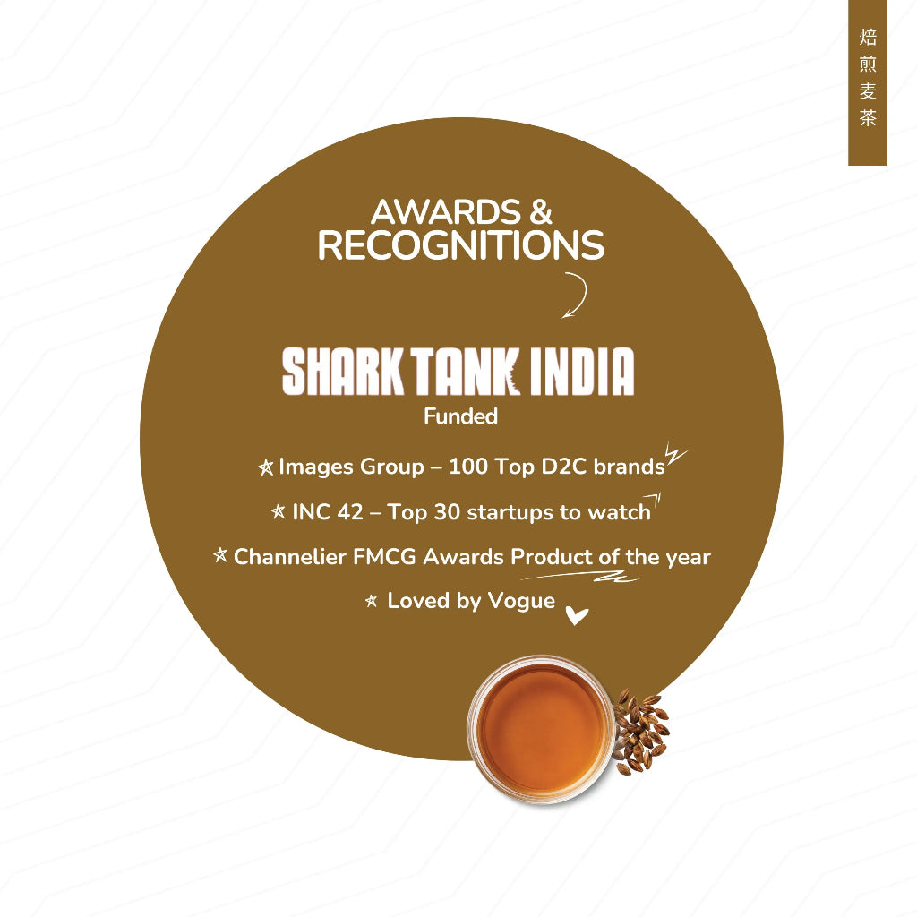 Tea Fit awards and recognition list including Shark Tank India, Images Group, INC 42, and Vogue, on a brown circular background